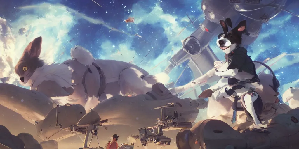 Prompt: border collie shooting space bunnies, in the space, on the space ship. nime key visual of luffy studio lit directed gaze, trending on pixiv fanbox, painted by greg rutkowski makoto shinkai takashi takeuchi studio ghibli