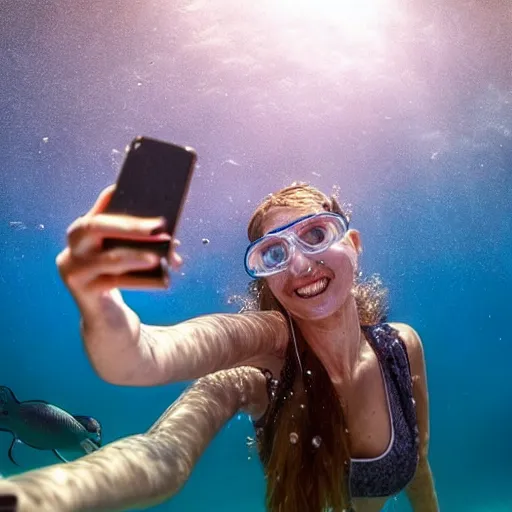 Image similar to woman taking a selfie with a fish, underwater, gopro photo