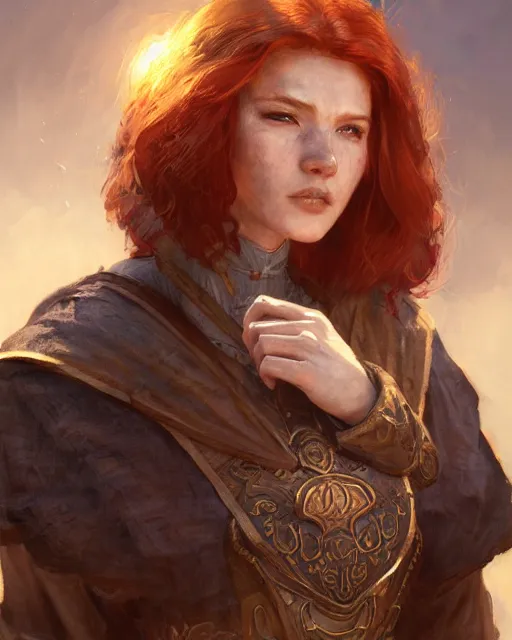 Prompt: the elder scrolls vi, charismatic rugged female redhead breton mage portrait, illustration, rim light, top light, perfectly shaded, golden hour, epic, intricate, soft painting, art by ross tran, krenz cushart and wenjun lin