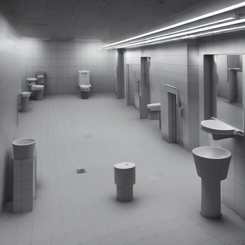 Prompt: an infinite public restroom with endless stalls and endless sinks fading into the distance, cinematic lighting, volumetric lighting, award winning photography, highly detailed, intricate, elegant, smooth, sharp focus, 4 k wallpaper, unreal engine, 9 0 mm, f / 1. 4