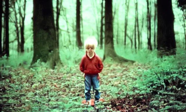 Image similar to kid looking at camera in forest at dusk, colorized 70s photo, out of focus, motion blur, cctv footage, horror movie, horror lighting, blair witch project, old photo, found footage