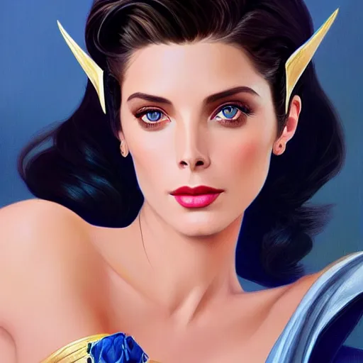 Prompt: Ashley Greene's face combined with Grace Kelly's face with short dark blue hair as She-Ra, western, D&D, fantasy, intricate, elegant, highly detailed, digital painting, artstation, concept art, matte, sharp focus, illustration, art by Artgerm and Greg Rutkowski and Alphonse Mucha