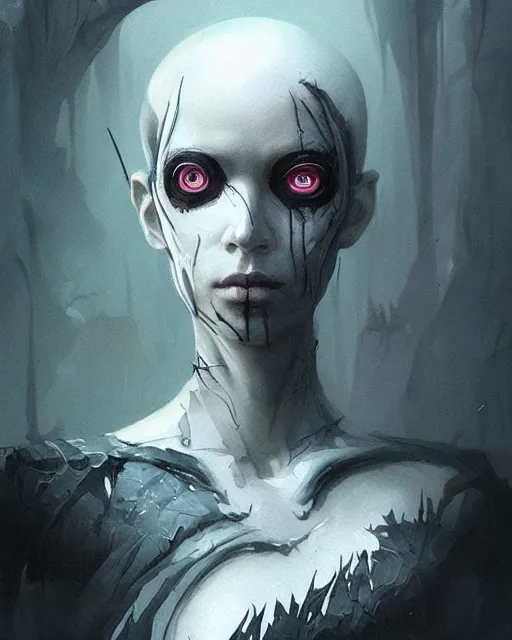 Prompt: professional ominous concept art portrait of a character with black ink makeup and black eyeballs by artgerm and greg rutkowski. an intricate, elegant, highly detailed digital painting, concept art, smooth, sharp focus, illustration, in the style of simon stalenhag, wayne barlowe, and igor kieryluk.