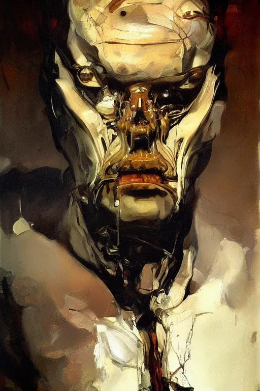 Prompt: beautiful clean oil painting biomechanical portrait of sad man face by phil hale, rafael albuquerque, wayne barlowe, freud lucian, rembrandt, complex, stunning, realistic, skin color