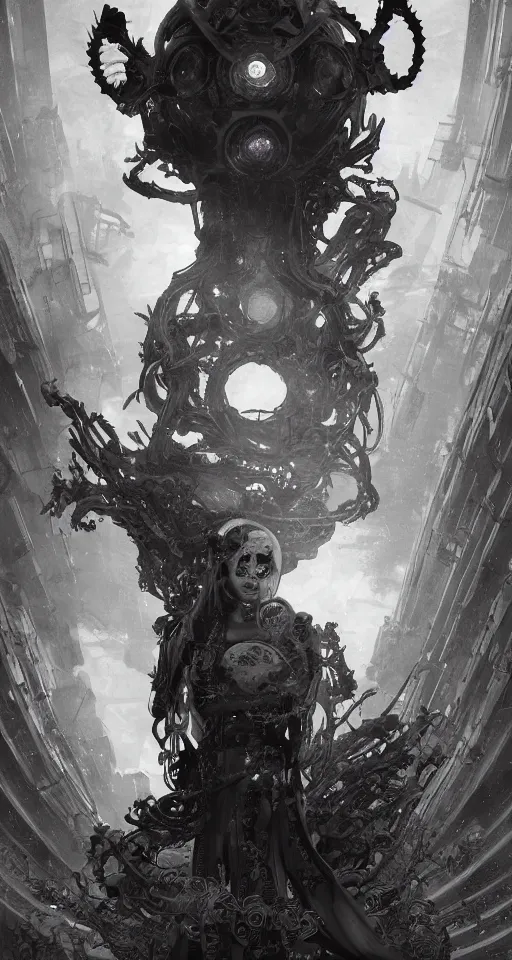 Image similar to dystopian, a dreamland of chinese ukiyo - e, gothic diablo art, rococo art, 4 k post processing. asymmetrical, portrait of an alien with large tubes in face in the style of, ghost in the shell, machine face, intricate, elegant, dramatic lighting concept art by craig mullins and ruan jia and raphael lacoste, trending on artstation