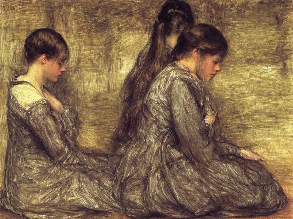 Prompt: Beautiful woman seated in meditation posture. Painting by John Everett Millais