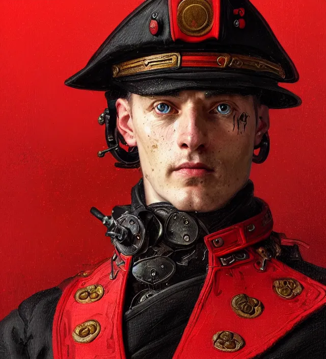 Image similar to portrait of a german man wearing a red and black traditional nineteenth century military jacket, metal shoulder pauldrons, highly detailed, digital painting, artstation, concept art, sharp focus, cinematic lighting, illustration, art by artgerm and greg rutkowski, alphonse mucha, cgsociety