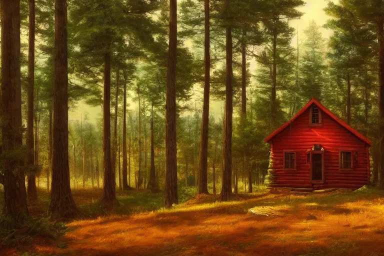 Prompt: small red wooden cabin in the distance in pine forest, very detailed, focused, oil painting, colorful, cinematic lighting, canvas, artstation, Albert Bierstadt, Sydney Mortimer Laurence