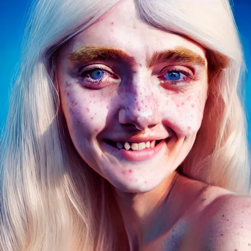 Image similar to beautiful hyperreal portrait of a cute woman smiling softly, long white hair and bangs, a few cute freckles on cheeks and nose, blue eyes, very detailed face, by irakli nadar and juan francisco casas, golden hour, soft focus, 8 k, portra 4 0 0