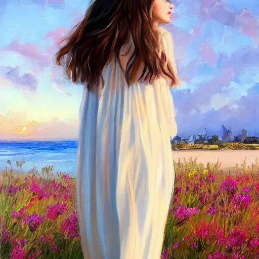 Image similar to an influencer girl portrait in long white dress, sunset, flowers, ocean in distance, oil painting, pale colors, high detail, 8 k, wide angle, trending on artstation,