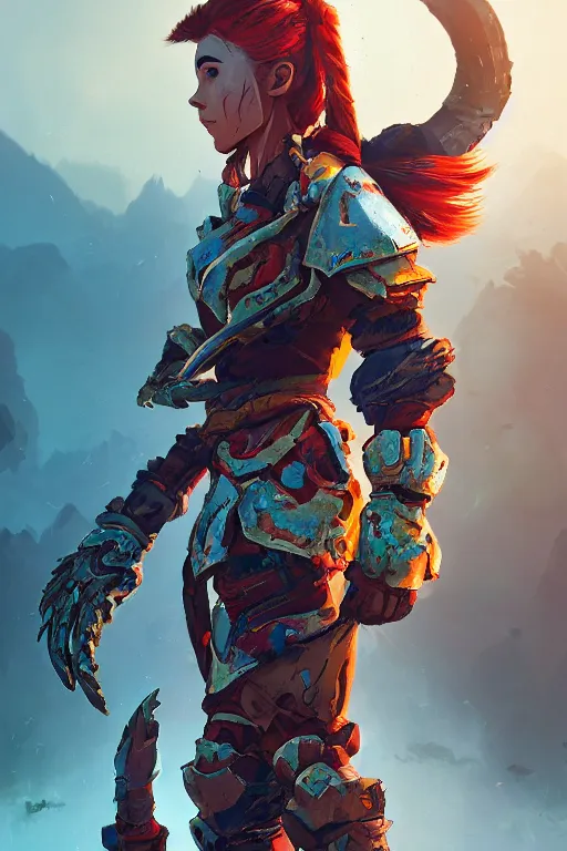 Image similar to combination suit armor aloy horizon forbidden west horizon zero dawn radiating a glowing aura global illumination ray tracing hdr fanart arstation by ian pesty and alena aenami artworks in 4 k tribal robot ninja mask helmet backpack