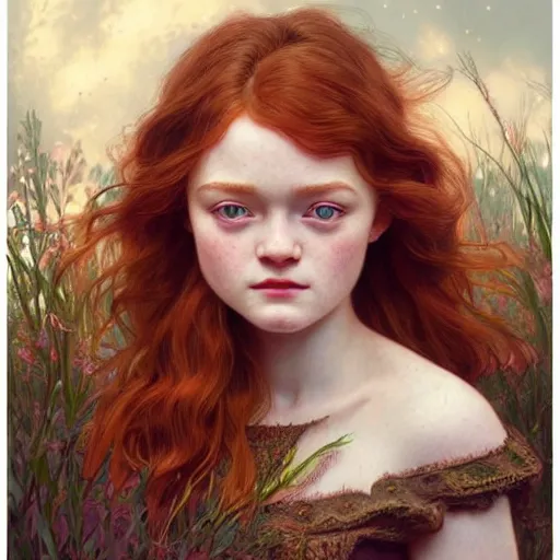 Image similar to beautiful natural Sadie Sink, intricate, early 20s, elegant, highly detailed, digital painting, artstation, concept art, sharp focus, illustration, art by artgerm and greg rutkowski and alphonse mucha and loish and WLOP