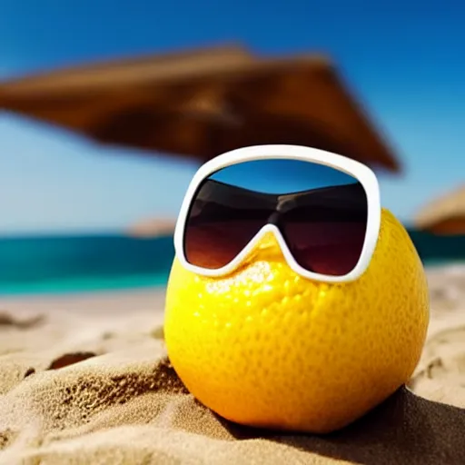 Prompt: a lemon wearing sunglasses at the beach, hyperrealistic