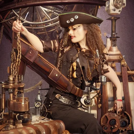 Prompt: a steampunk pirate on his ship with her mechanical crew