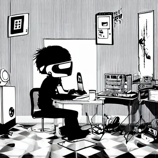 Prompt: goth computer nerd in a cluttered room wearing a vr headset, by jamie hewlett, character concept, aesthetic!!,