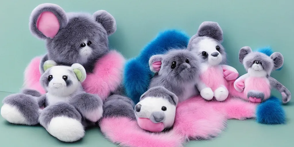 Prompt: 3 d precious moments plush animal with realistic fur and a blue / white / gray / green / pink / tan / mid pink / blue gray color scheme, landscape with blue / white / gray / green / pink / tan / mid pink / blue gray color scheme palette, master painter and art style of john william waterhouse and caspar david friedrich and philipp otto runge