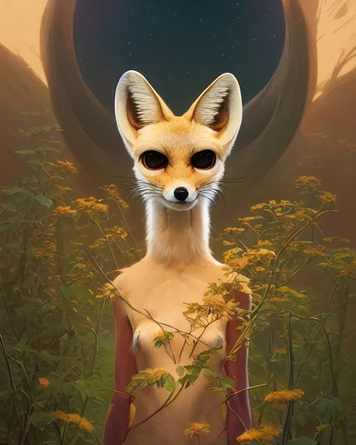 Prompt: highly detailed surreal vfx portrait of a sacred fennec fox, stephen bliss, unreal engine, greg rutkowski, loish, rhads, beeple, makoto shinkai and lois van baarle, ilya kuvshinov, rossdraws, tom bagshaw, alphonse mucha, global illumination, detailed and intricate environment