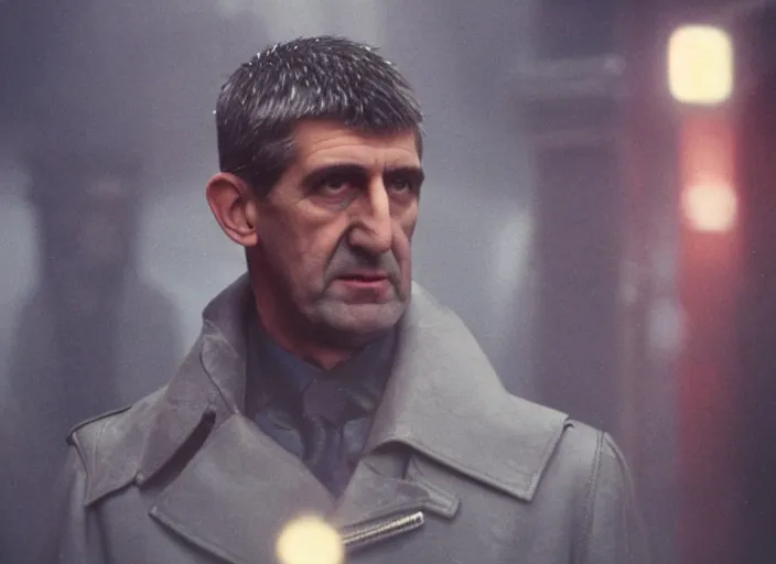 Prompt: film still andrej babis wearing leather coat as a detective in blade runner, 8 k