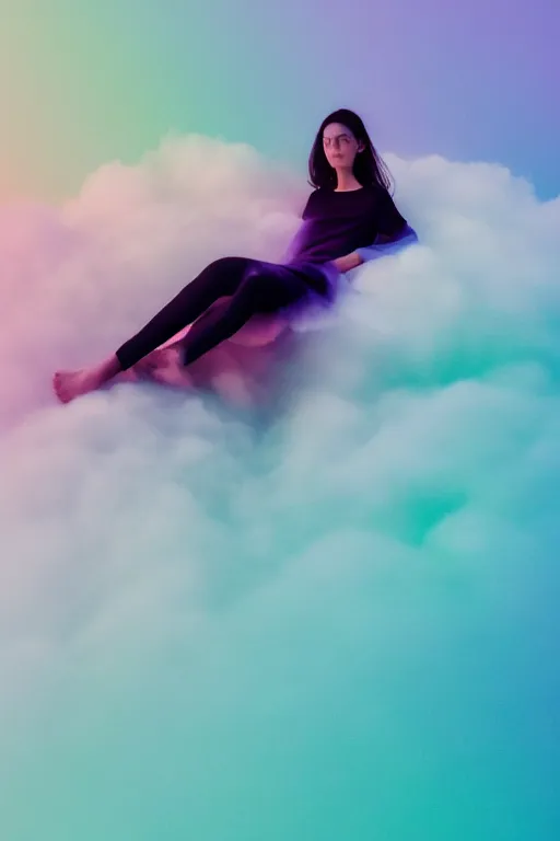 Image similar to high quality pastel coloured film photograph of a model wearing clothing resting on cloud furniture in a nordic black rock environment in a haze filled dreamstate world. three point light, rainbow. photographic production. art directed. pastel colours. volumetric clouds. pastel gradient overlay. waves glitch artefacts. 8 k. filmic.