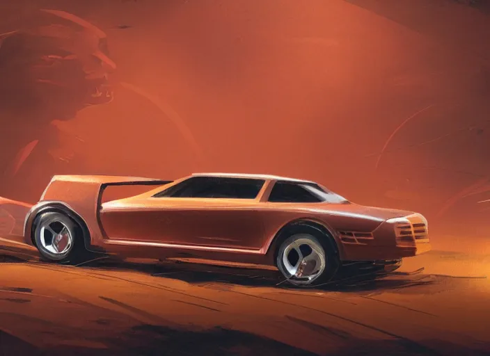 Prompt: wide view shot of a copper colored car, designed by dmc and gmc, concept art style by john berky and liam wong and michael whelan.