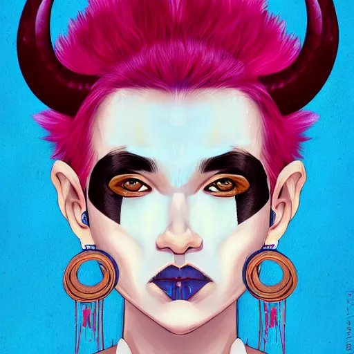 Prompt: illustrated portrait of ram-horned devil woman with blue bob hairstyle and #FFA500 colored skin and with solid black eyes wearing leather by rossdraws