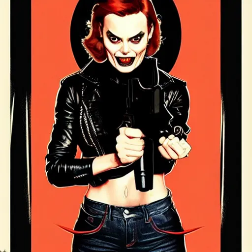 Image similar to Rafael Albuquerque art, Norman Rockwell, pretty Margot Robbie vampire sharp teeth evil smile, holding handgun, symmetrical face symmetrical eyes, leather jacket, jeans