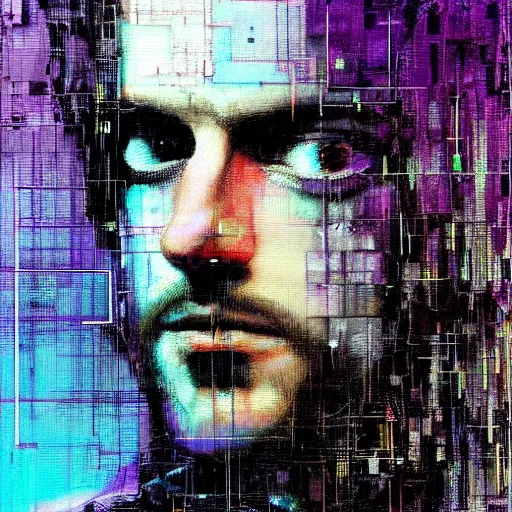 Prompt: hyperrealistic portrait of a cyberpunk character, adult man, long hair, by Guy Denning, Johannes Itten, Derek Gores, Russ Mills, glitch art, fine detail, polished, computation, complex, hacking effects, holographic, digital tech effects, blue and violet, color blocking!, realistic, acrylic on canvas, concept art, abstract!, symmetrical, 8k, concept art, octane, photorealistic, cgsociety, trending on artstation