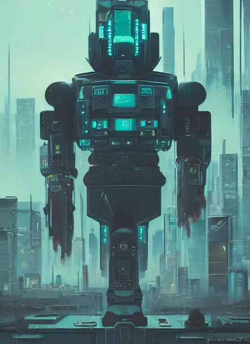 Image similar to a painting of a giant robot standing in front of a city, cyberpunk art by mike winkelmann, behance contest winner, nuclear art, dystopian art, apocalypse art, sci - fi