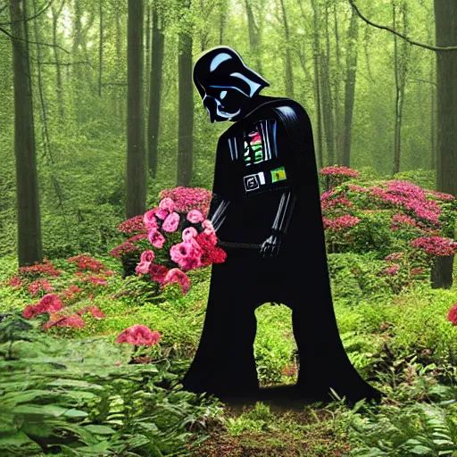 Prompt: darth vader picking flowers in the forest