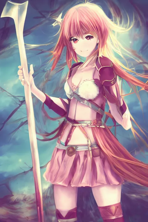 Image similar to an anime girl warrior princess holding a sword, candy pastel, backlighting, trending on pixiv, digital art, by kawacy