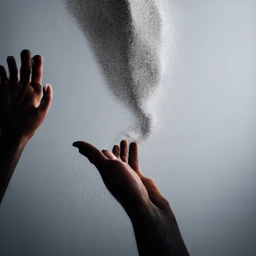 Image similar to a photo of the hands of a magician manipulating a smooth dough floating and spinning in the air, black background, flour dust spray, backlit, high quality action photography, studio photo, 50mm