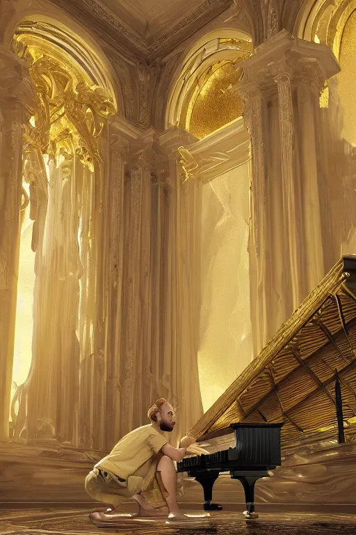 Image similar to Mac Miller playing the piano in the middle of a marble palace in Heaven, Golden Halo, RIP, Heavenly, Divinity, waterfalls, beams of golden light, Hope, Ethereal, Symmetry, environment concept, Atmospheric Lighting, artstation trending, ladders, angelic, Rendered in Octane, trending on artstation, cgsociety,, environment 8K artstation, cinematic, intricate details, 4k detail post processing, hyperrealistic, ultra detailed cinematic