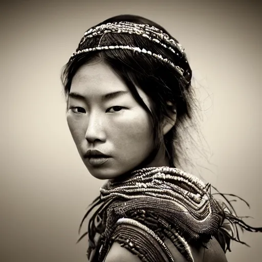 Image similar to vintage portrait of a stunningly beautiful asian tribal female, depth of field, zeiss lens, detailed, symmetrical, centered, fashion photoshoot, by edward s curtis, Annie Leibovitz and Steve McCurry, David Lazar, Jimmy Nelsson, Breathtaking, 8k resolution, extremely detailed, beautiful, establishing shot, artistic, hyperrealistic, beautiful face, octane render