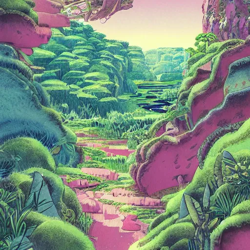 Image similar to illustration of a lush natural scene on an alien planet by studio ghibli. very detailed. beautiful landscape. weird vegetation. cliffs and water.