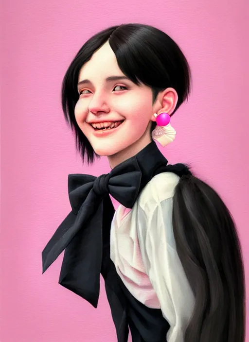 Image similar to portrait of high school girl, realistic, black hair, bangs, half updo hairstyle, pointy nose, skinny, smile, ugly, defined jawline, big chin, pink hair bow, earrings, intricate, elegant, glowing lights, highly detailed, digital painting, artstation, sharp focus, illustration, art by wlop, mars ravelo and greg rutkowski