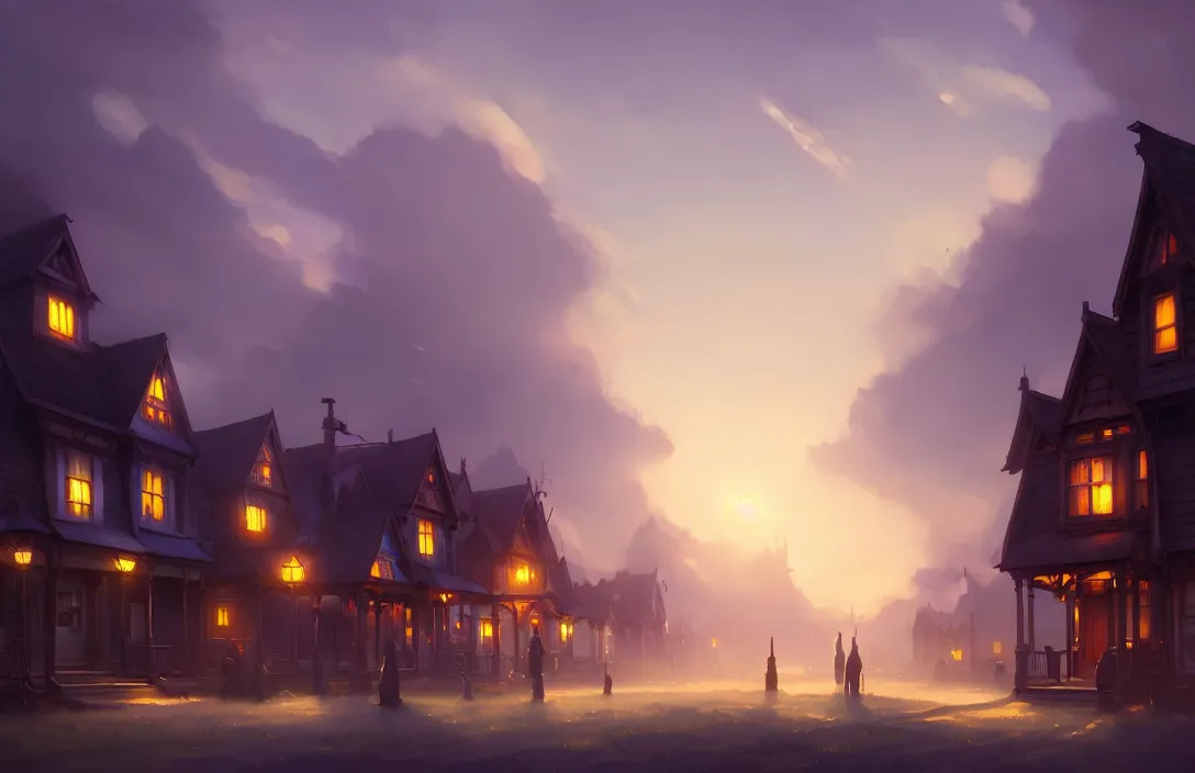 Image similar to victorian village green, small houses, blue sky, fantasy, concept art, low angle, highly detailed, warm lighting, volumetric, godrays, vivid, trending on artstation, by jordan grimmer, greg rutkowski