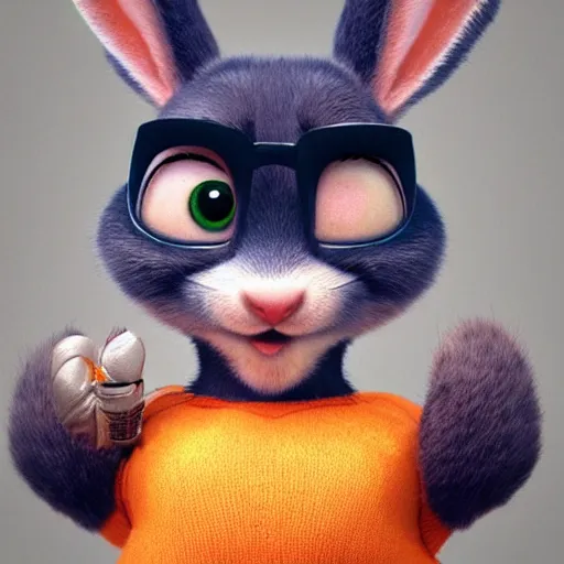 Prompt: portrait of a super cute bunny, eating a carrot, pixar, zootopia, cgi, blade runner. trending on artstation, smiling, friendly