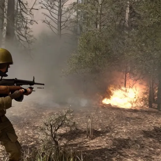 Prompt: ww 2 battlefield encounter in the woods between 2 american soldiers and a german soldier fighting for their lives, hd realistic faces, dirt and dust particles in the air, smoke and fire in the distance - c 1 3