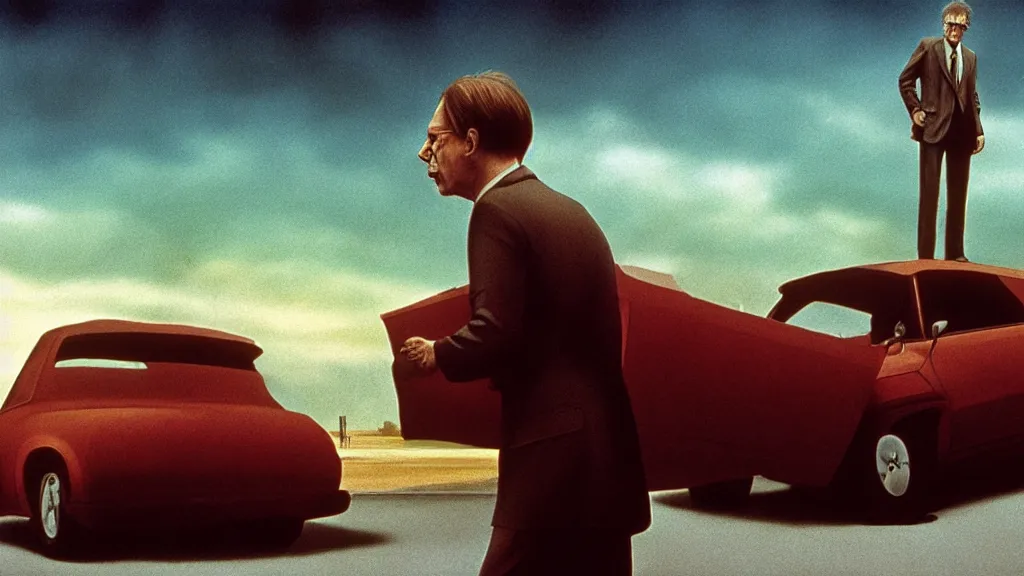 Prompt: the hip creature sells a used car, film still from the movie directed by denis villeneuve and david cronenberg with art direction by salvador dali and zdzisław beksinski, wide lens