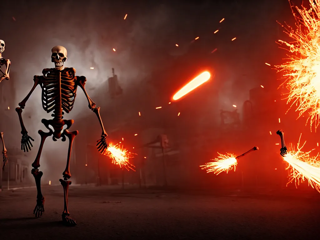 Prompt: skeleton man walking forward with explosion behind him, science fiction industrial hard science concept art, 8K render octane high definition cgsociety, photorealistic, unreal engine
