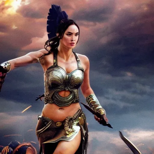 Image similar to the greek goddess athena in battle, scene from live action movie, starring megan fox