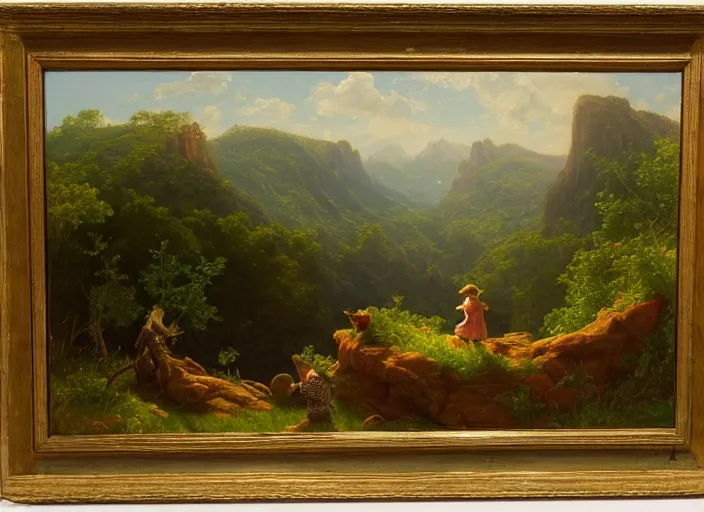 Image similar to american realist romanticism landscape painting of winnie the pooh characters in the style of hudson river school and thomas cole and albert bierstadt and robert duncanson