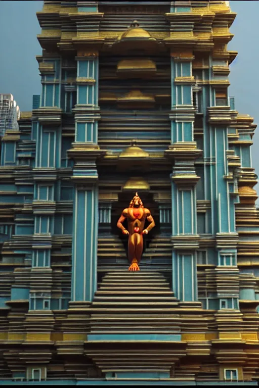 Prompt: movie screenshot sci - fi neoclassical hanuman! head building in mumbai centre, kalighat, highly detailed, cinematic smooth, berenice abbott & john j. park, dramatic morning light, long shot, low angle, uhd 8 k, sharp focus