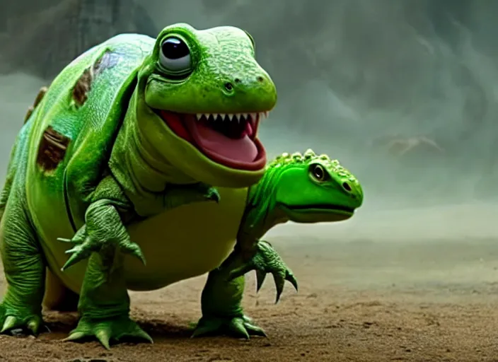 Image similar to film still of yoshi in the new sci - fi movie, cute upright dinosaur standing on its hind legs with a small turtle shell and long tongue, 8 k