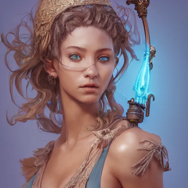 Image similar to studio portrait of neutral good colorful female cleric bard healer as absurdly beautiful, elegant, young sensual swimsuit model, ultrafine hyperrealistic detailed face illustration by kim jung gi, irakli nadar, intricate linework, sharp focus, bright colors, matte, octopath traveler, final fantasy, unreal engine highly rendered, global illumination, radiant light, intricate environment