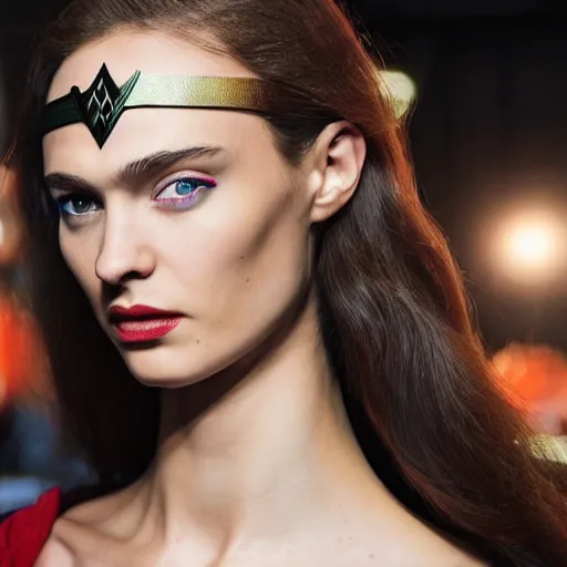 Image similar to A beautiful portrait of Daria Strokous as Wonder Woman and a model at Maybelline fashion show as a model Spring/Summer 2018, highly detailed, in the style of cinematic, Milan fashion week backstage, Extreme close up, Makeup by Pat McGrath, Hair by Guido Palau, Greg rutkowski
