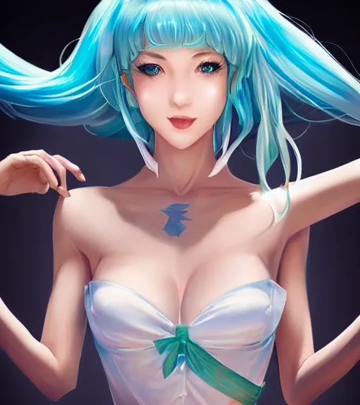 Prompt: Beautiful Hatsune miku by artgerm, rossdraws, magali villeneuve, Gil Elvgren, Earl Moran, Enoch Bolles, both hands down