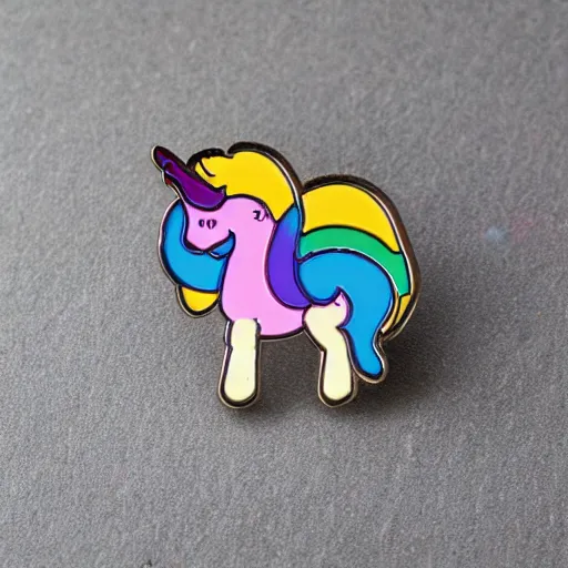 Image similar to rainbow unicorn enamel pin, product photography