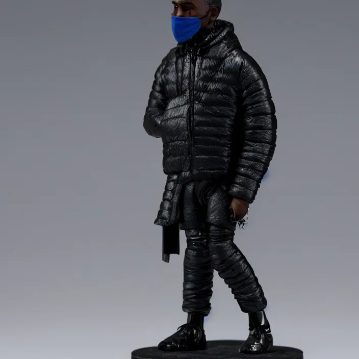 Image similar to a action figure of kanye west using a full face covering black mask, a small, tight, undersized reflective bright blue round puffer jacket made of nylon and big black balenciaga rubber boots, figurine, detailed product photo