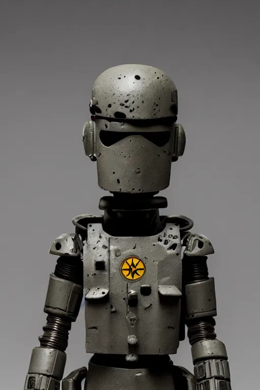 Image similar to a cinematic bust photo shot of a beautiful 1 : 6 scale threea toys action figurine by ashley wood, world war one robot, black background, museum light, dark mood